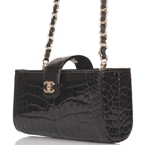 Chanel Black Shiny Alligator Mini Clutch with Light Gold Tone 